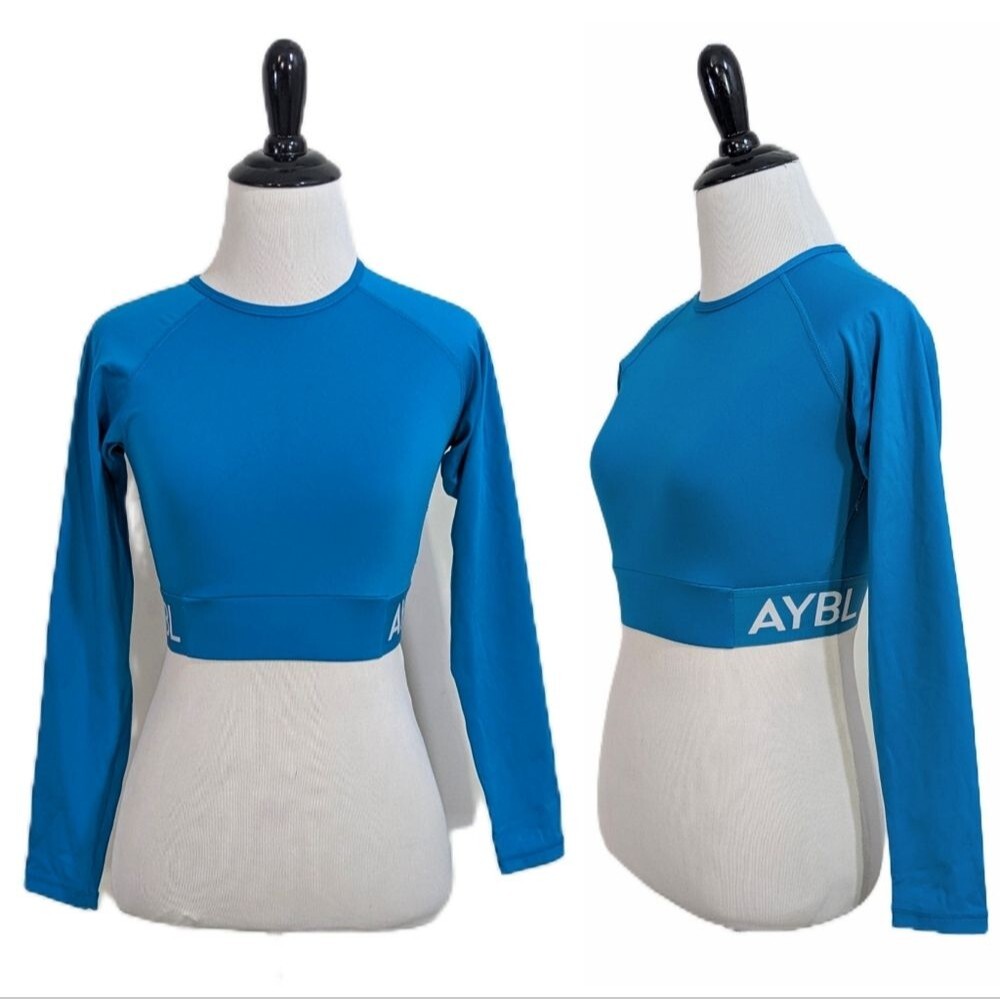 AYBL Blue Long Sleeve Athletic Crop Top With Logo Band - Size XS Womens